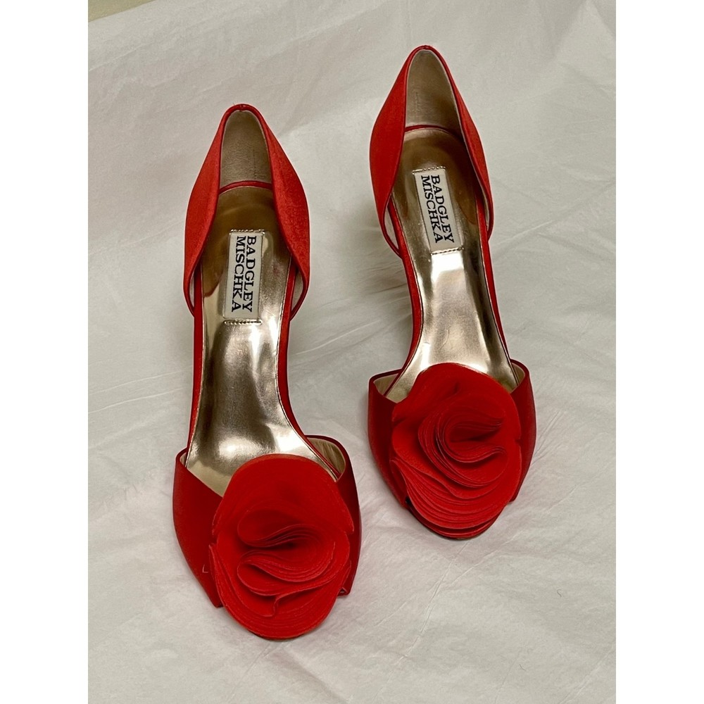 BADGLEY MISCHKA Red Satin D'Orsay Heels, Sz 7
